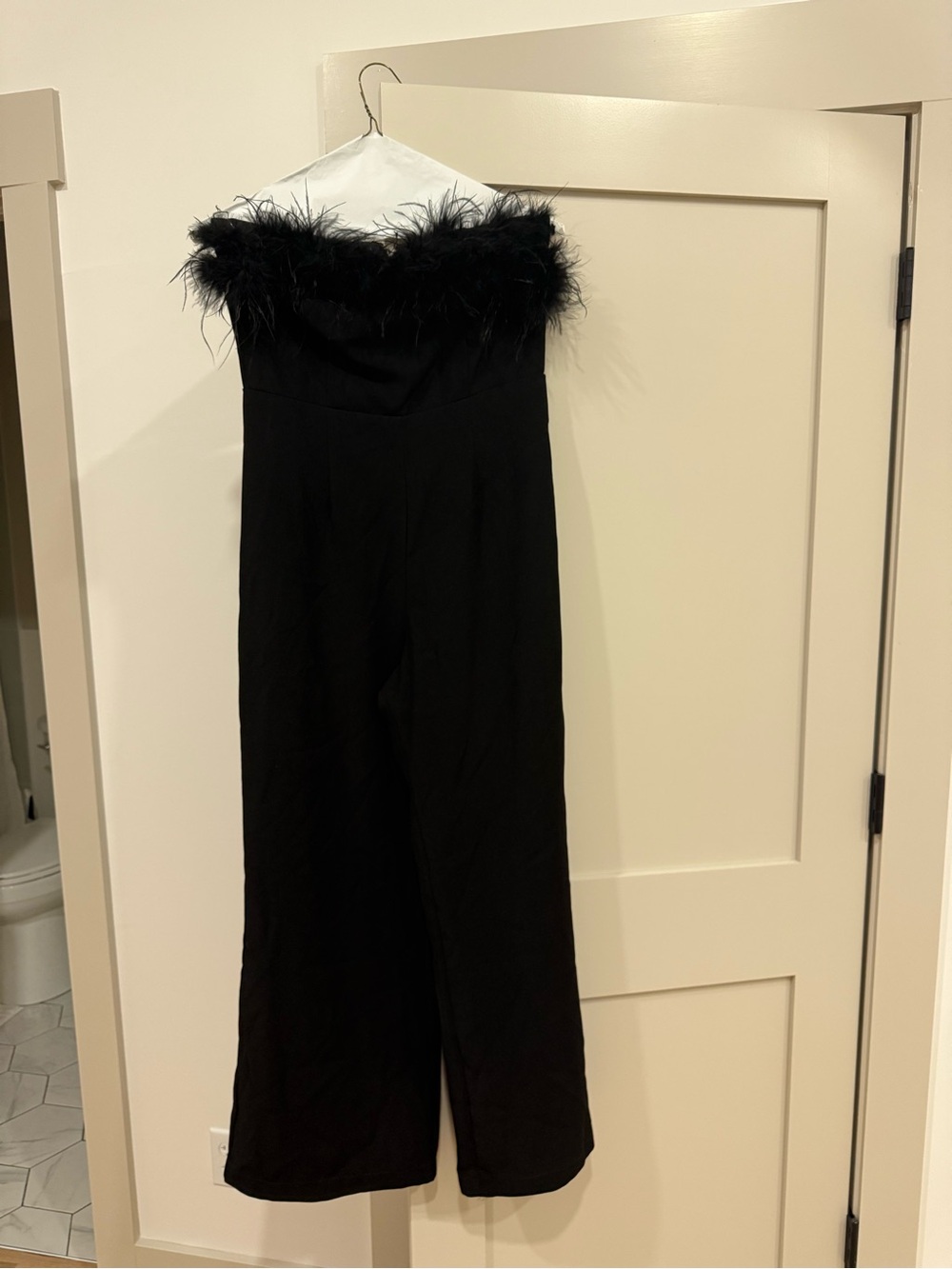 Strapless Black Jumpsuit with Feather Trim